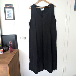 Flax Comfy Sleeveless 100% Linen Black Henley Dress Sz L
